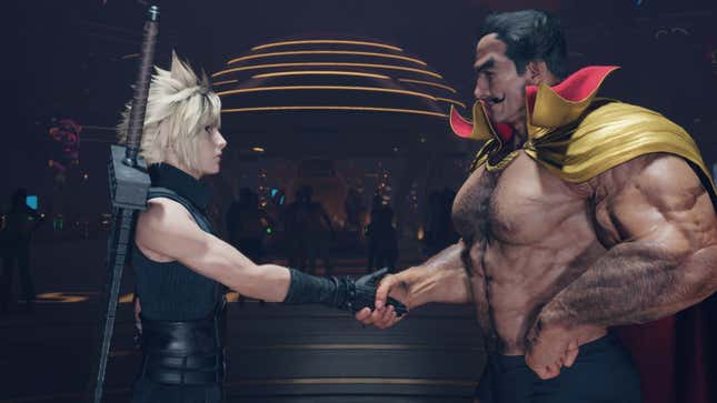 Cloud shakes hands with the head of the Gold Saucer. 