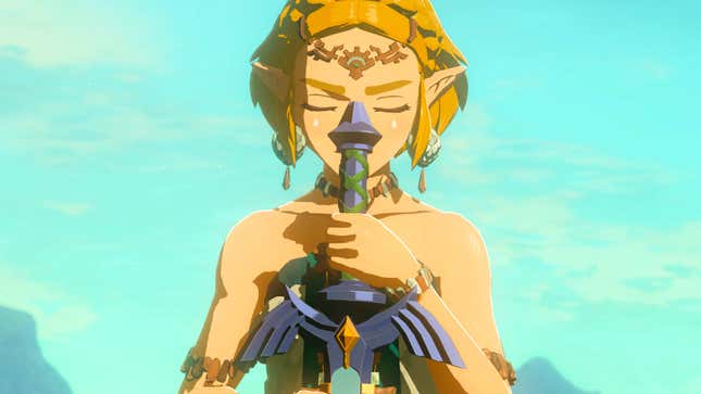 Zelda holds the Master Sword in The Legend of Zelda: Tears of the Kingdom.
