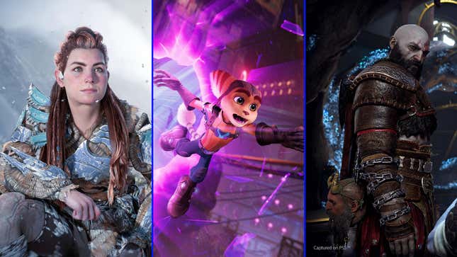 A collage shows Aloy, Ratchet, and Kratos.