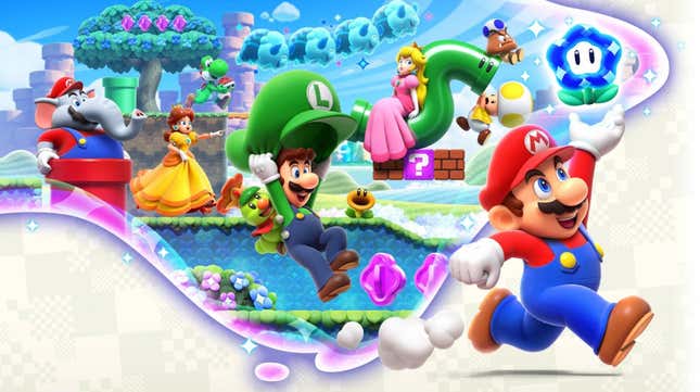 Mario and his friends run through the Flower Kingdom showing off different power-ups.