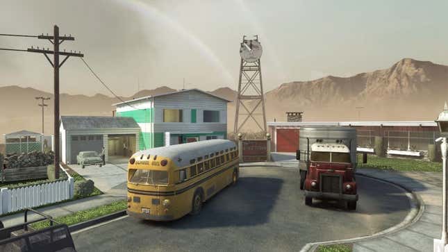 The loading screen image for the Nuketown map, which shows off the cul de sac at its center.