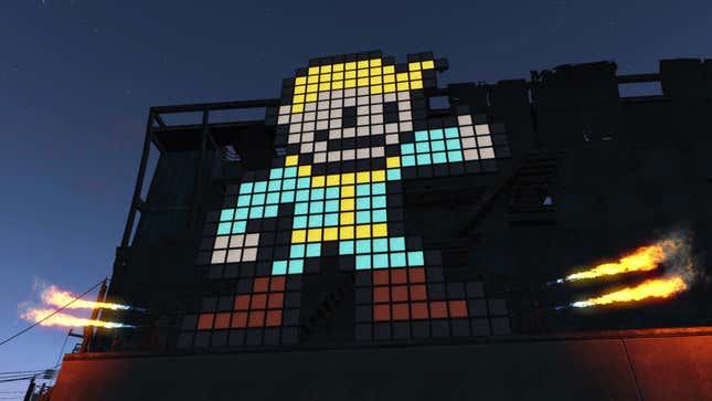 Fallout 4 mascot Fallout Boy gives the thumbs up on a pixelated-like billboard.