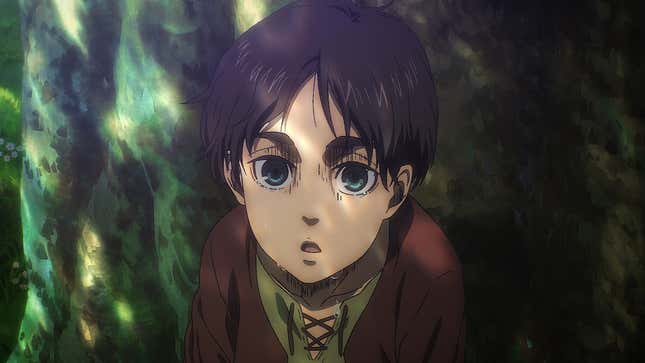 An Attack on Titan screenshot shows Eren Jaeger crying underneath a tree. 