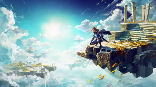 Link looks down on Hyrule from a Sky Island in concept art for Tears of the Kingdom.