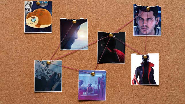 Several images from the Mass Effect series are shown on a corkboard with string connecting them.