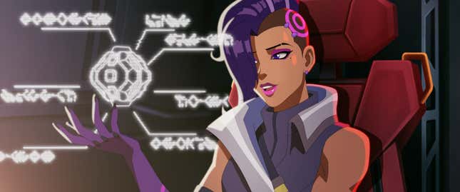 Sombra looks at a data pack.