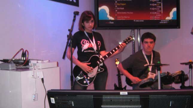 Sarah LeBoeuf plays The Beatles Rock Band at E3 2009. 