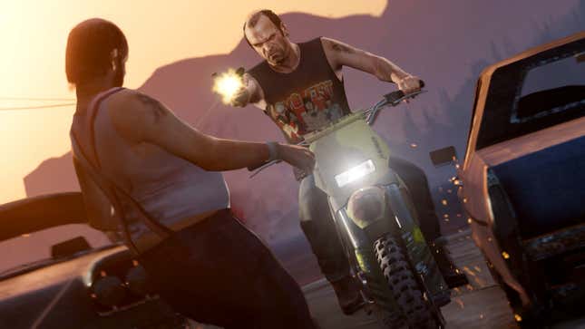 GTA V protagonist Trevor shoots a dude while riding a motorcycle in traffic.
