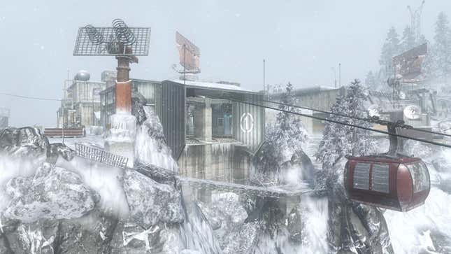 The loading screen for the Summit map in Black Ops, which shows a ski lift on one side, some type of radar scanner on another, and a metal building in the center.