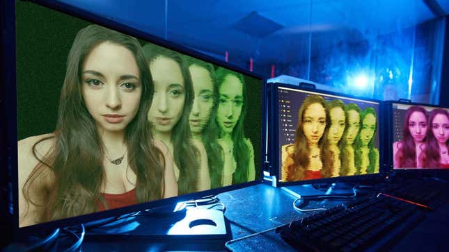 An image shows a collection of monitors displaying a woman's face. 