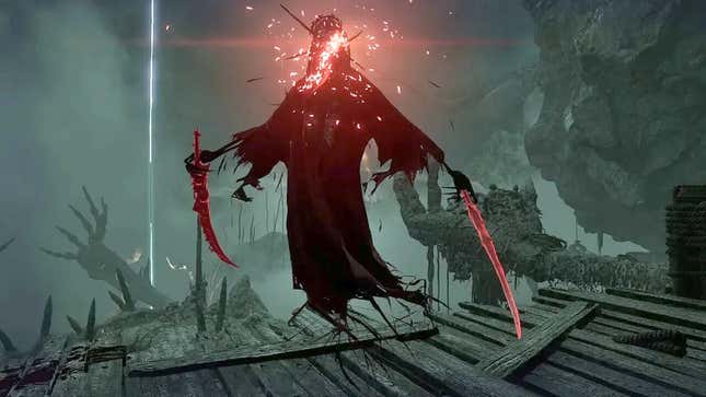Lords of the Fallen's (2023) Scarlet Shadow enemy poses with its two swords in an underground cavern of sorts.