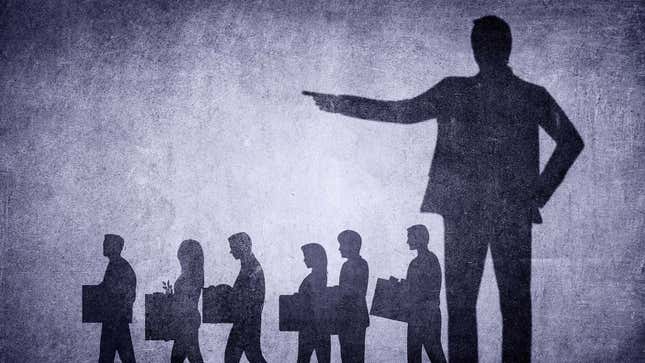 An image shows a shadowy CEO firing a lot of people. 