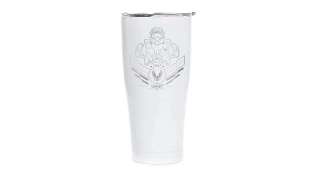 Master Chief is engraved on a metal cup. 