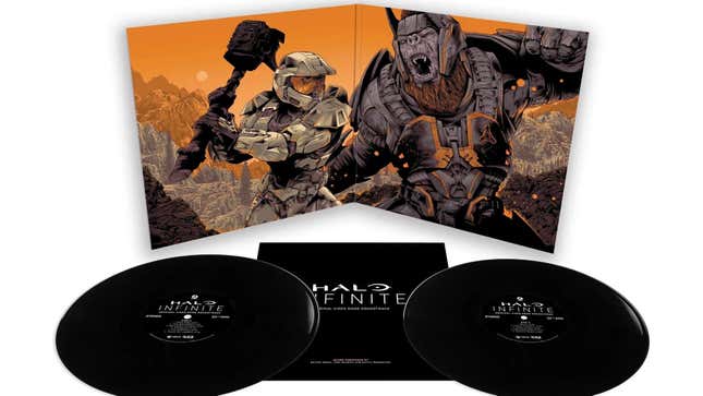 Halo Infinite vinyl are displayed along with art of Master Chief. 