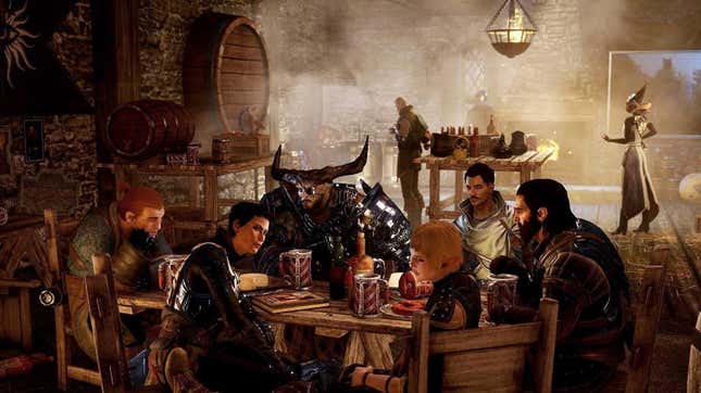 Dragon Age: Inquisition characters sit around a table.