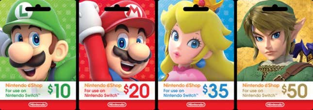 Luigi, Mario, Peach, and Link are shown on Nintendo eShop cards.