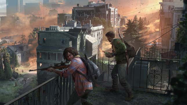 Concept art for The Last of Us online shows two people looking out at a post-apocalyptic city while carrying weapons.