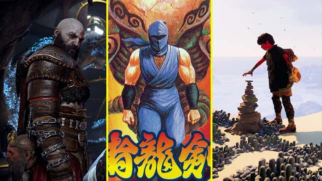Kratos, a ninja, and the protagonist from Jusant are arranged in a collage.