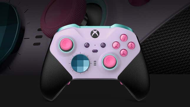 A custom Elite Series 2 controller shows off pink, blue, and purple tones. 