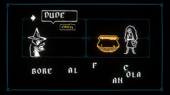 The protagonist casts a spell that says "Dude" in Leximan.