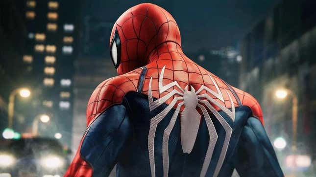 Spider-Man looks over his shoulder. 
