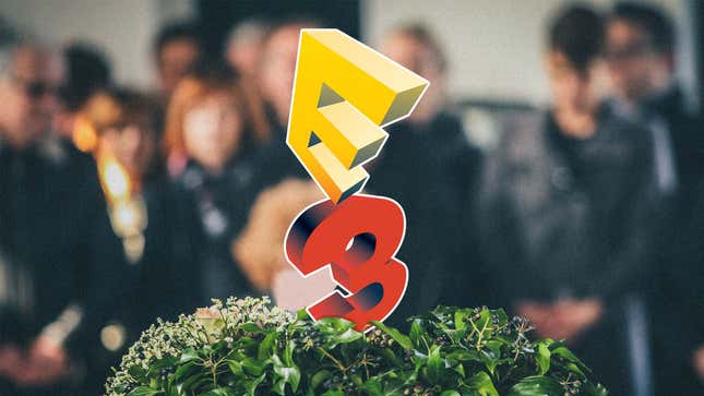 An E3 logo sits in place of an urn, with mourners in the background. 