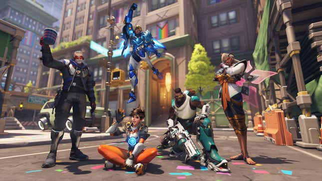 Soldier: 76, Pharah, Tracer, Baptiste, and Lifeweaver attend a Pride parade.