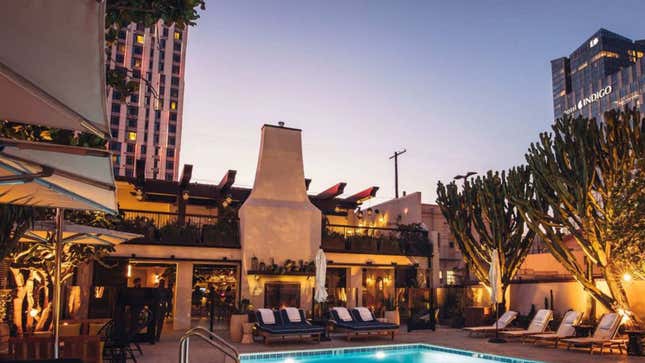 A view of La Casita, a two-story bar/restaurant overlooking the Hotel Figueroa pool.