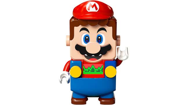 The Lego Mario smiles and waves while the screen on his chest lights up.