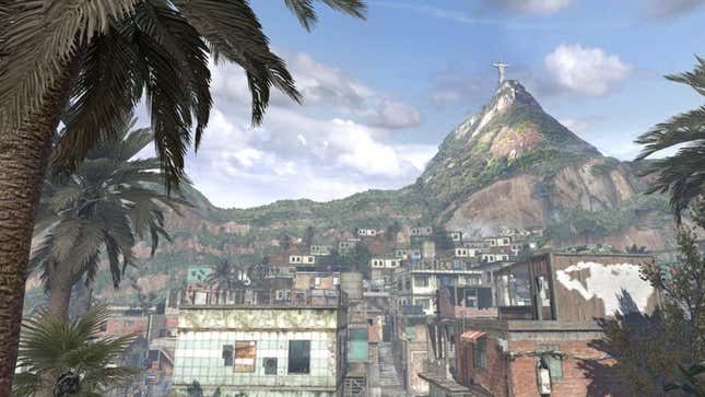The Favela loading seen from Call of Duty, which shows densely packed buildings and a large hill in the background with the Christ the Redeemer statue at the top. 