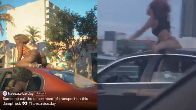 A side-by-side image shows people riding on top of cars.
