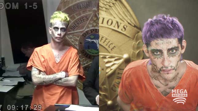 A side-by-side image shows two heavily tattooed people arrested.