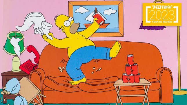 An image shows Homer Simpsons dancing on a couch. 