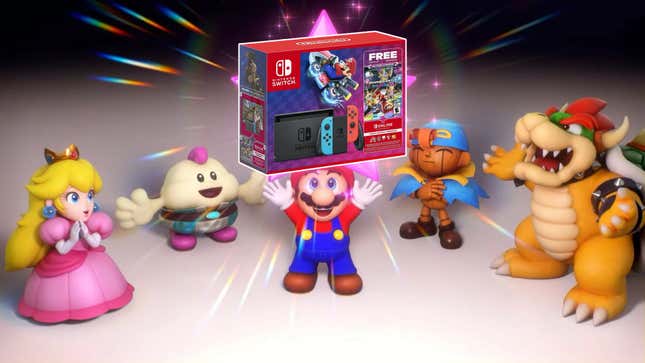 Mario holds up a Switch bundle on Black Friday. 